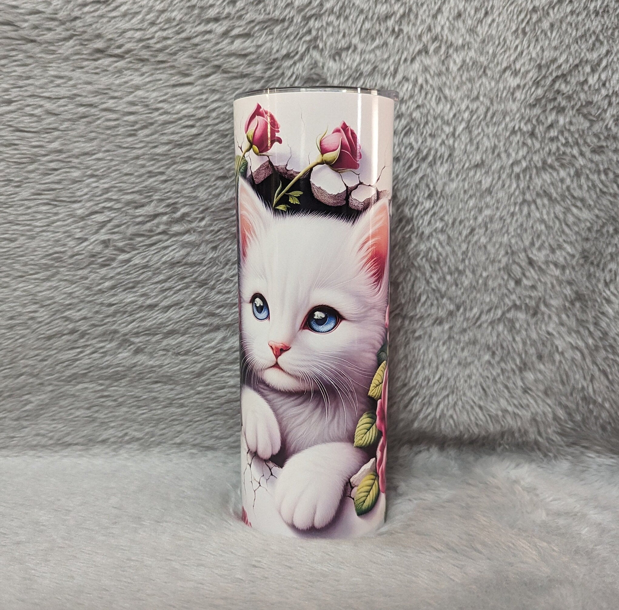 White Kitten Tumbler with Red Roses  20oz With Reusable Straw, Can Be Personalized