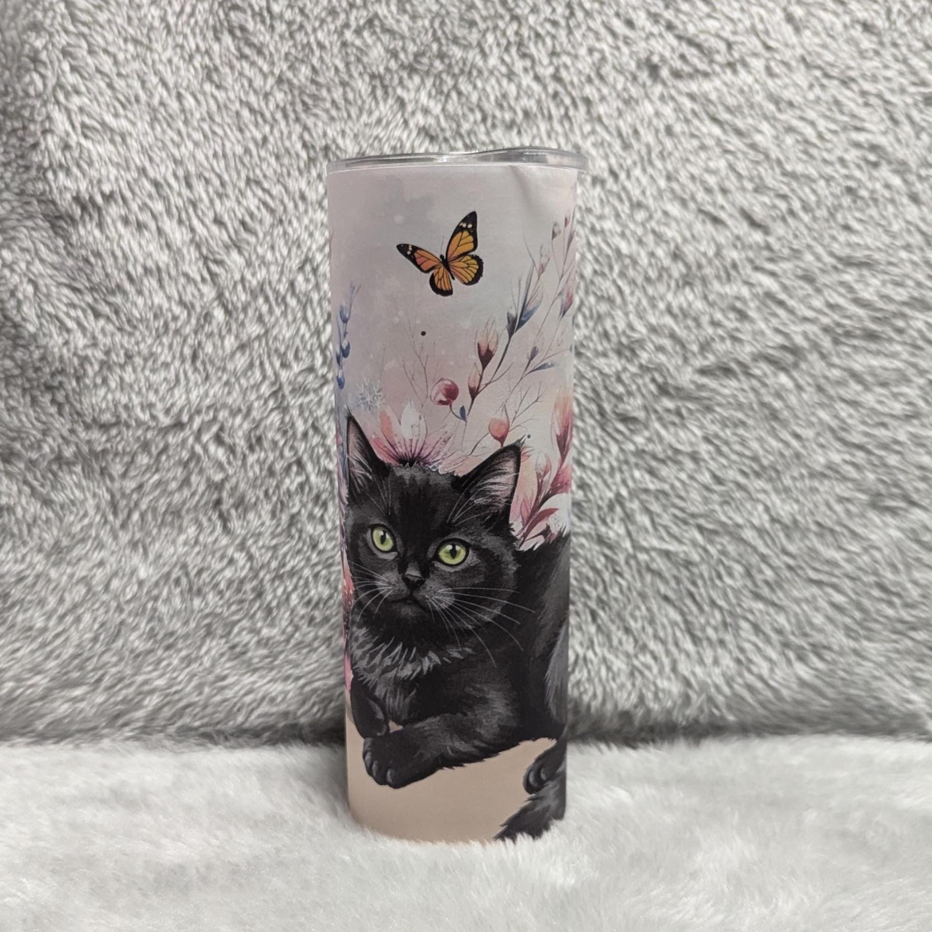 Black Kitten Tumbler 20oz With Reusable Straw, Can Be Personalized