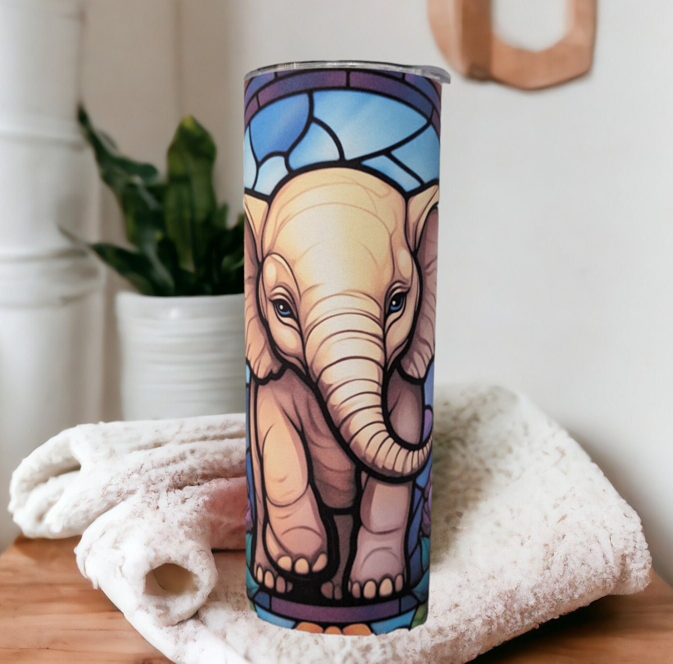 Elephant Tumbler with Stained Glass Design 20oz With Reusable Straw, Can Be Personalized