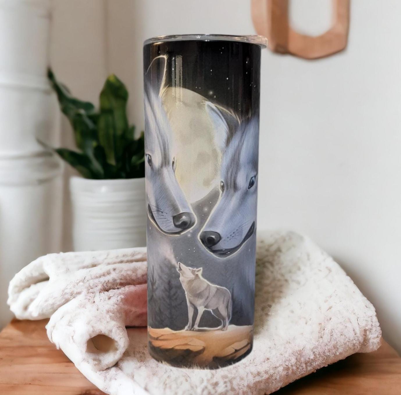 Moonlight Wolf Tumbler 20oz With Reusable Straw, Can Be Personalized