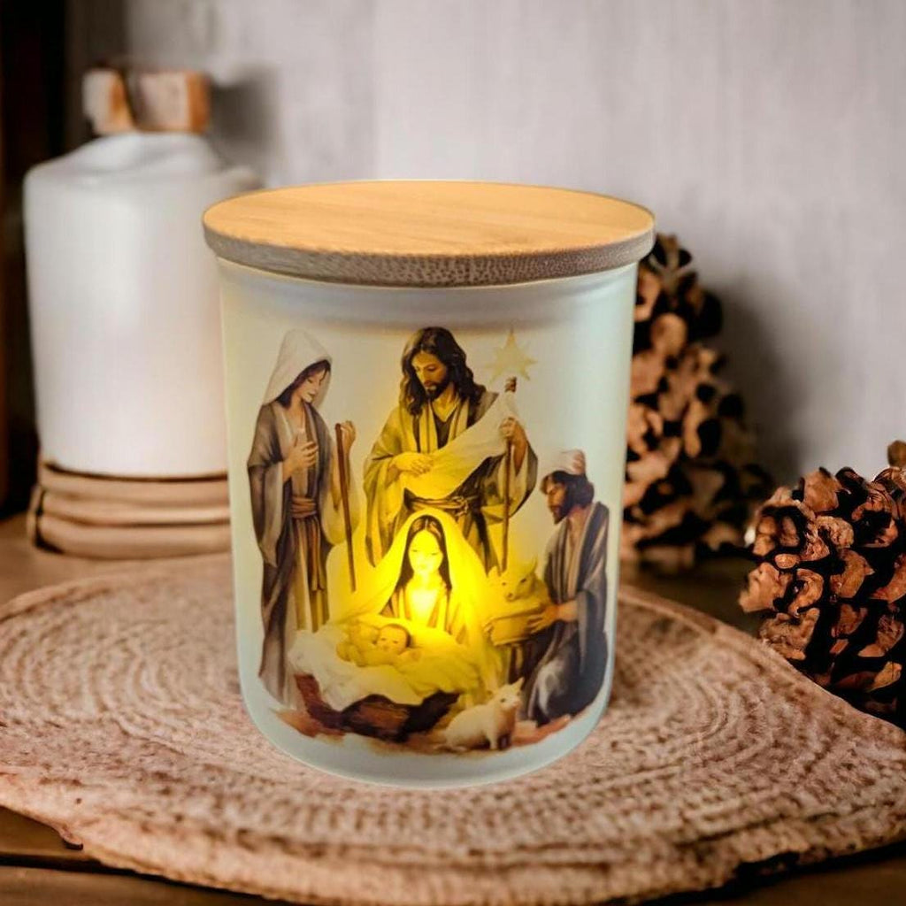 Nativity Scene Candle Holder With A Battery Operated Flickering Tea Light