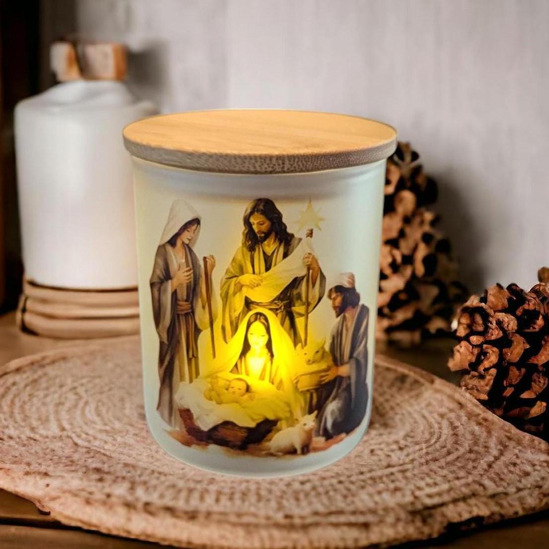 Nativity Scene Candle Holder With A Battery Operated Flickering Tea Light