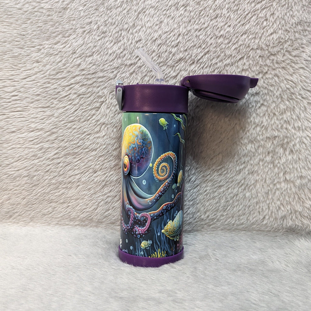 Kids Octopus Water Bottle 12oz With Reusable Straw, Can Be Personalized