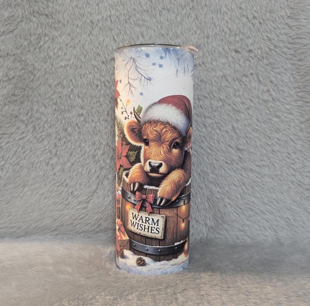 Christmas Highland Cow Tumbler 20oz With Reusable Straw, Can Be Personalized