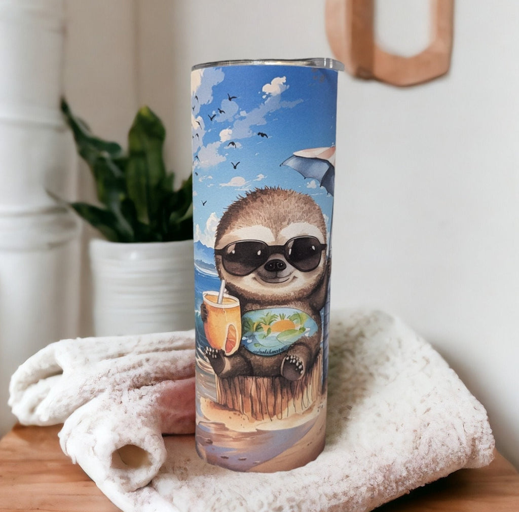Colorful Beach Sloth Tumbler 20oz With Reusable Straw, Can Be Personalized