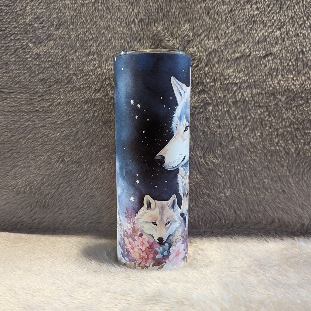 Beautiful Wolf Tumbler With A Wolf and Her Pups 20oz With Reusable Straw, Can Be Personalized