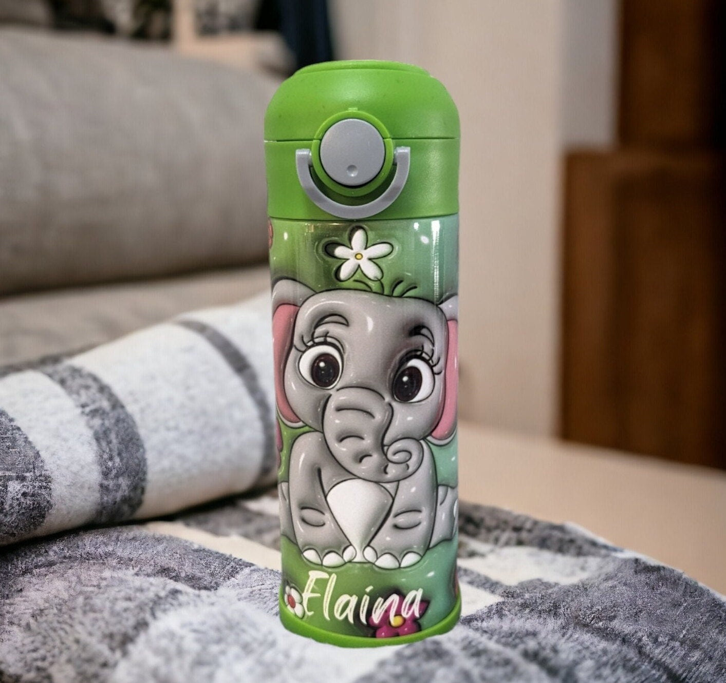 Adorable Kids Elephant Water Bottle 12oz With Reusable Straw Can Be Personalized