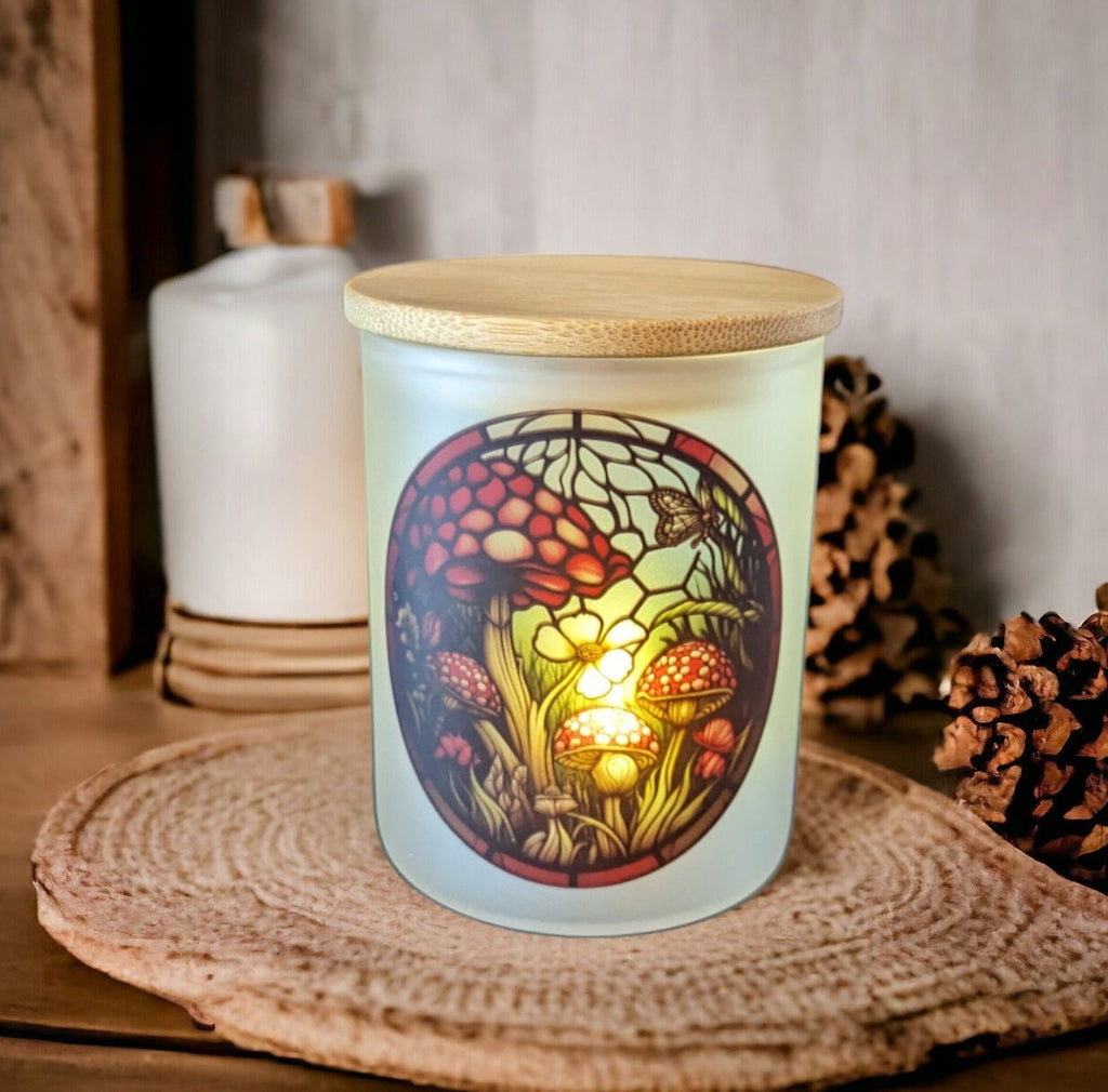 Mushroom Stained Glass Design Candle Holder with Flickering Tea Light