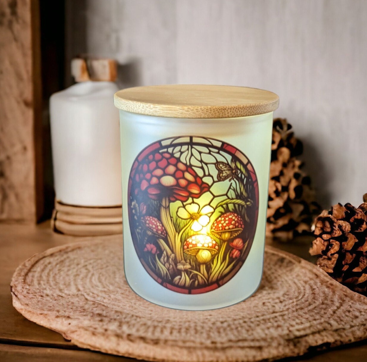 Mushroom Stained Glass Design Candle Holder with Flickering Tea Light