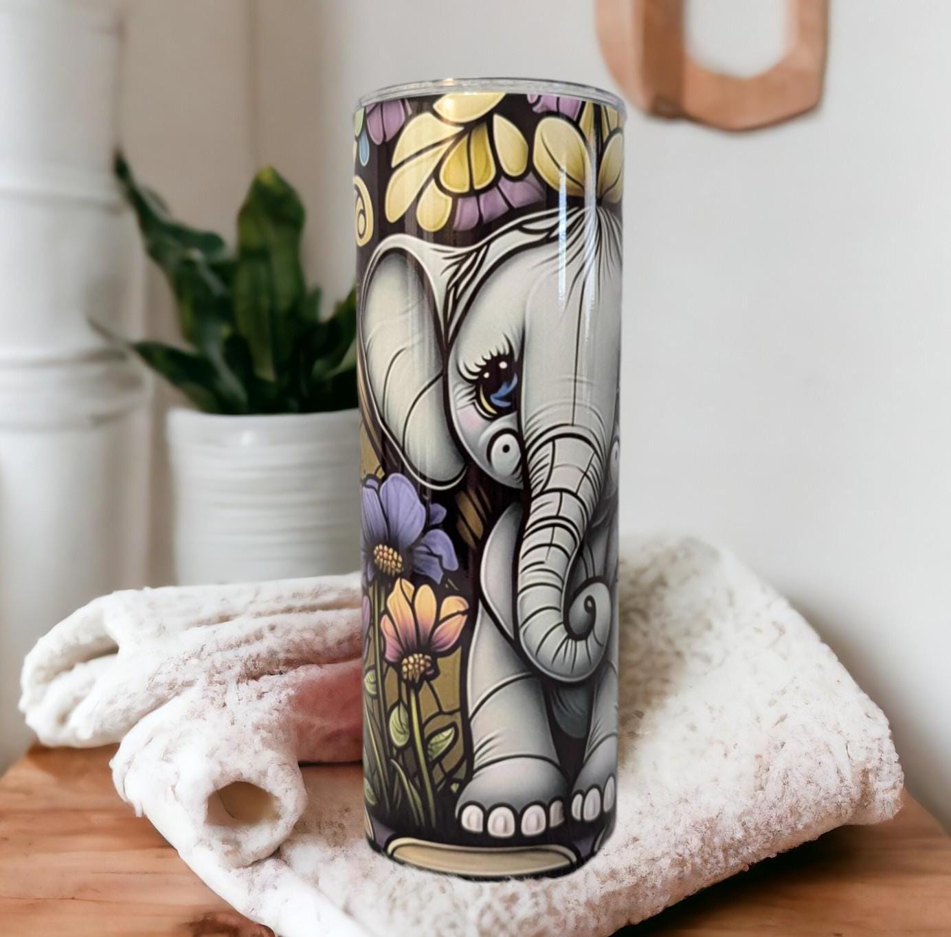 Adorable Baby Elephant Tumbler with Stained Glass Design 20oz With Reusable Straw, Can Be Personalized