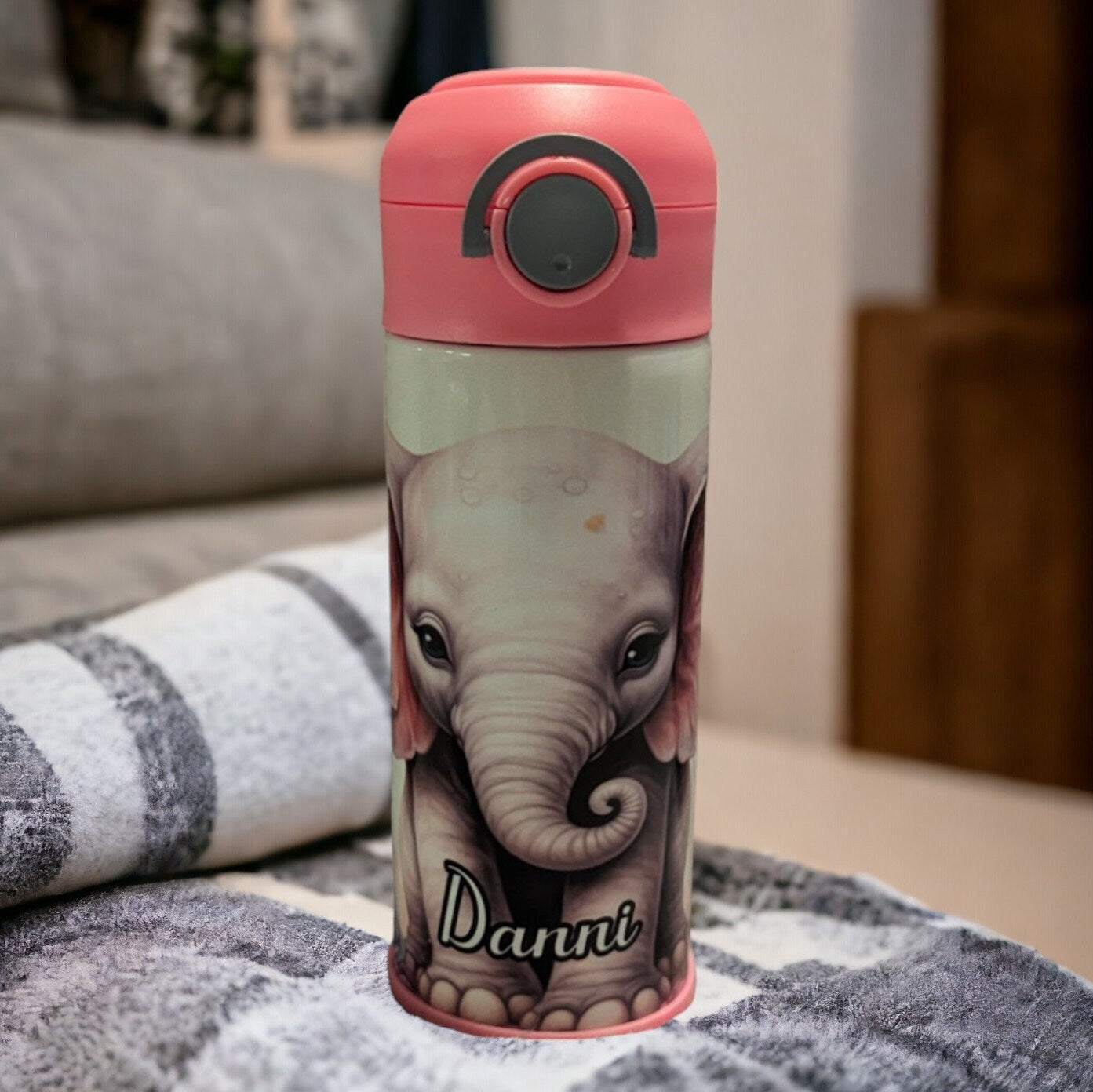 Kids Elephant Water Bottle 12oz With Reusable Straw Can Be Personalized