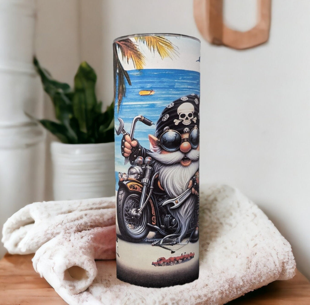 Beach Biker Gnome Motorcycle Tumbler 20oz With Reusable Straw, Can Be Personalized