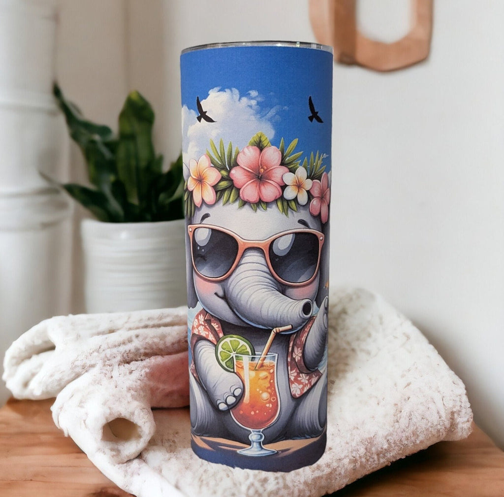 Beach Elephant Tumbler 20oz With Reusable Straw, Can Be Personalized