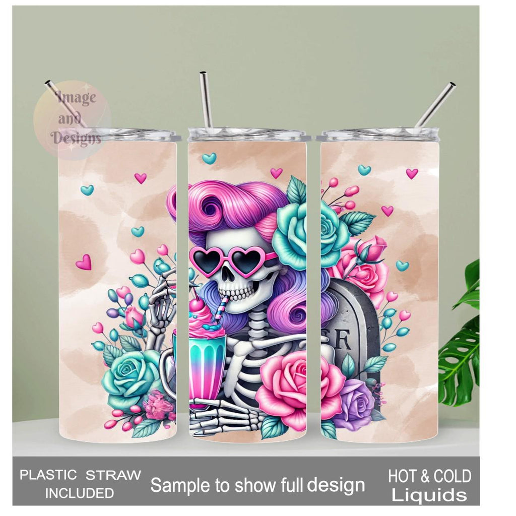 Pastel Skeleton Girl Tumbler 20oz With Reusable Straw, Can Be Personalized