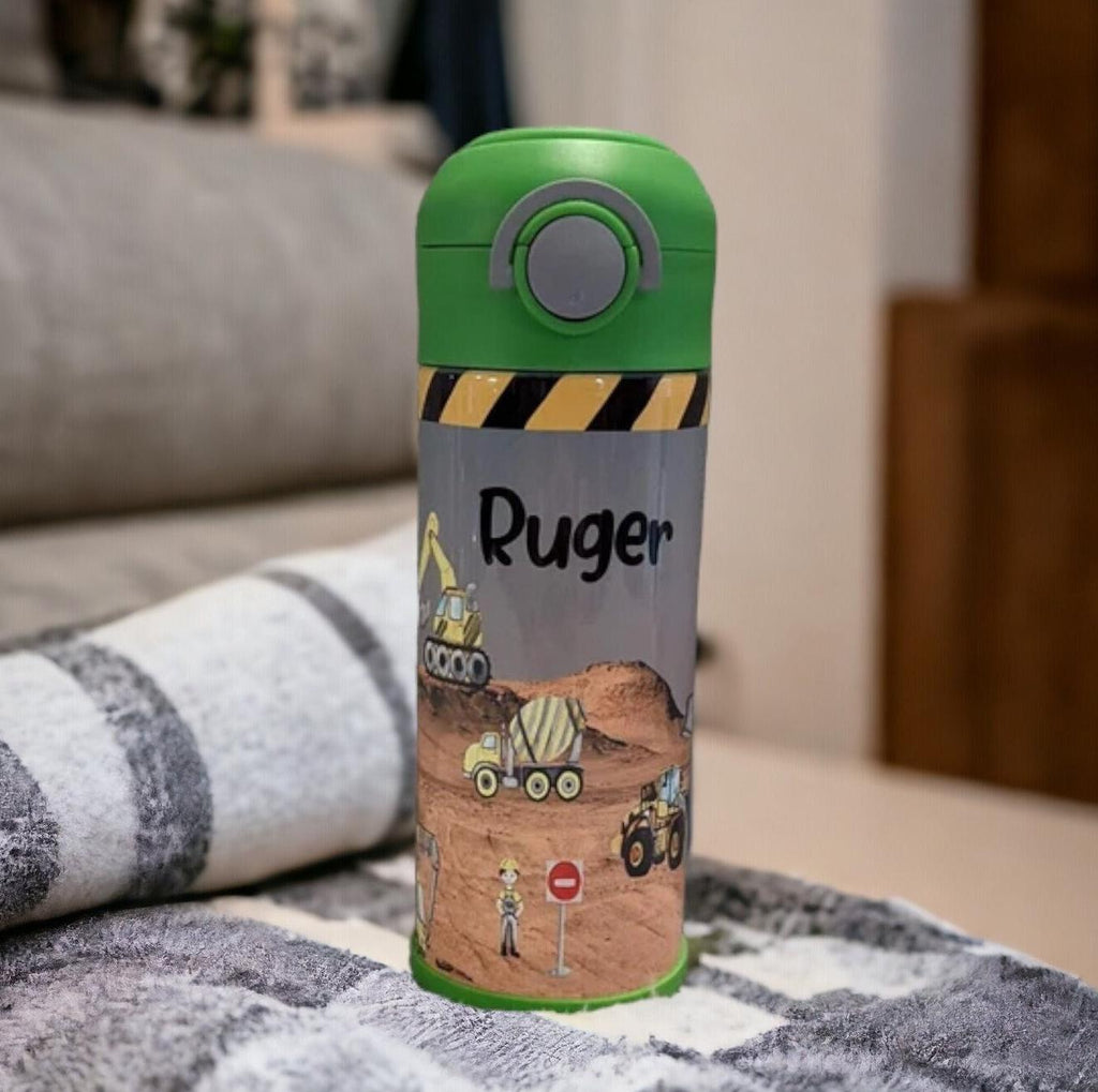 Kids Construction Water Bottle 12oz With Reusable Straw Can Be Personalized