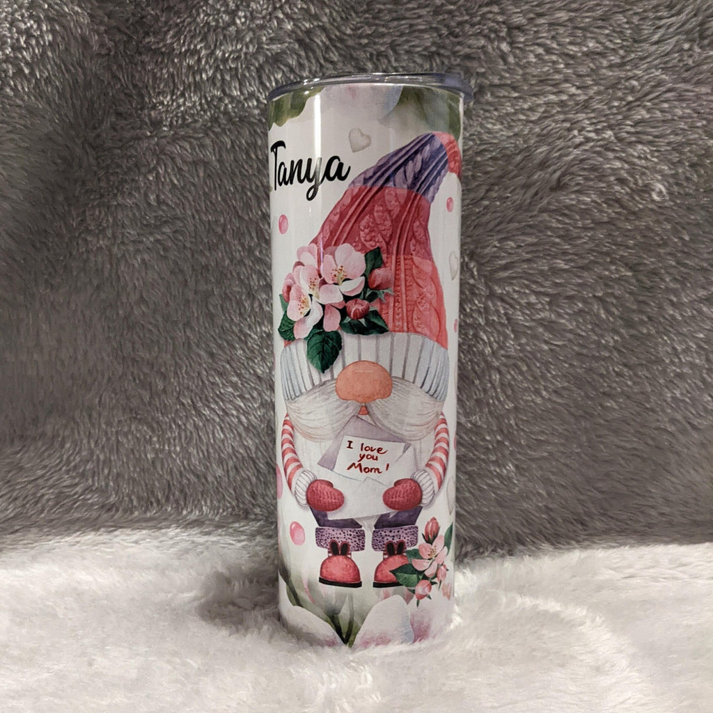 I Love You Mom Gnome Tumbler With A Gnome Holding A letter 20oz With Reusable Straw, Can Be Personalized