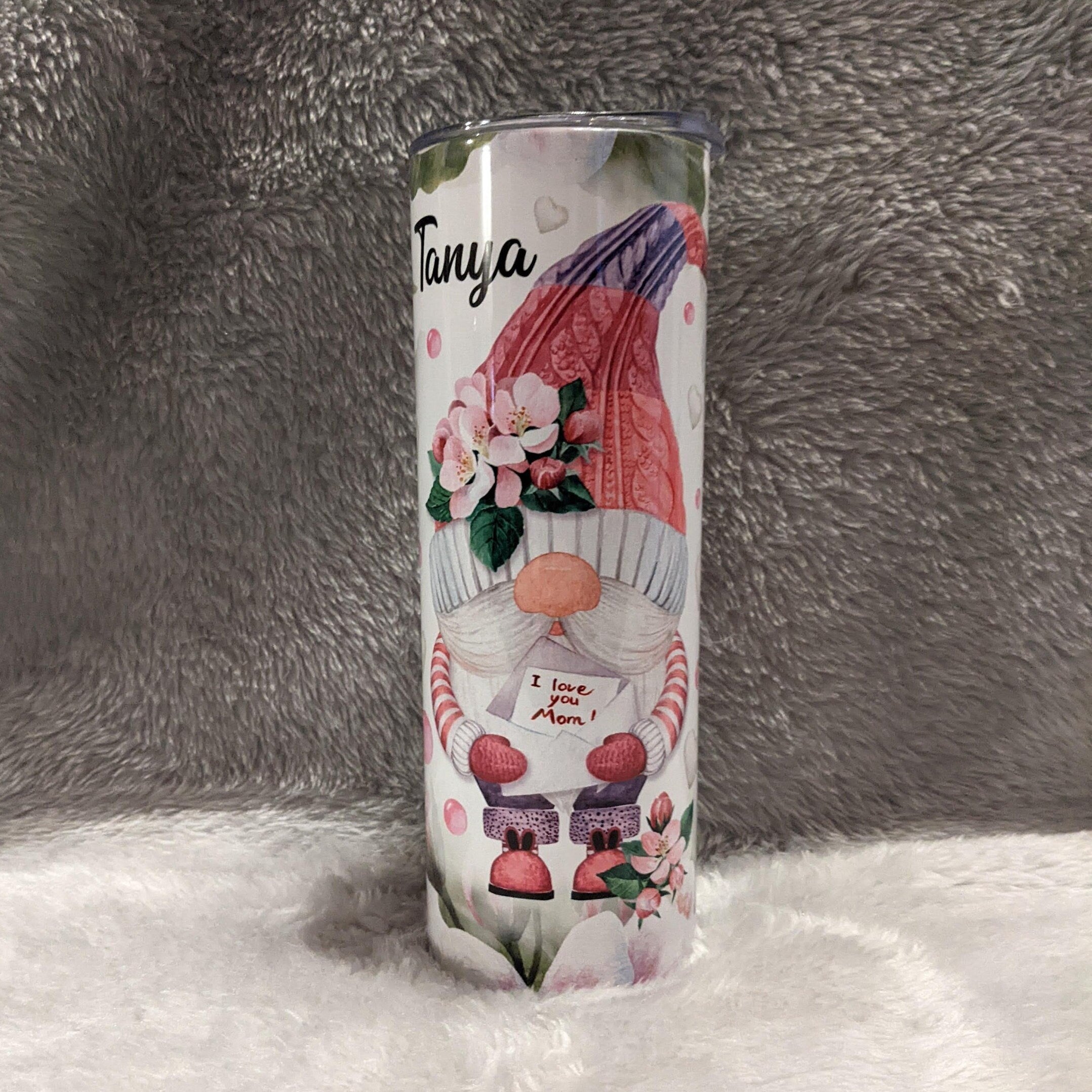 I Love You Mom Gnome Tumbler With A Gnome Holding A letter 20oz With Reusable Straw, Can Be Personalized