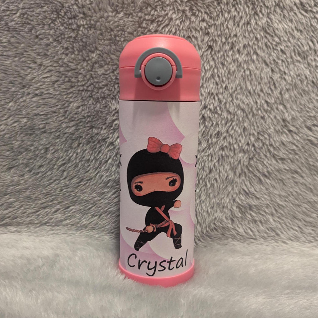 Kids Ninja Girl Water Bottle 12oz With Reusable Straw Can Be Personalized