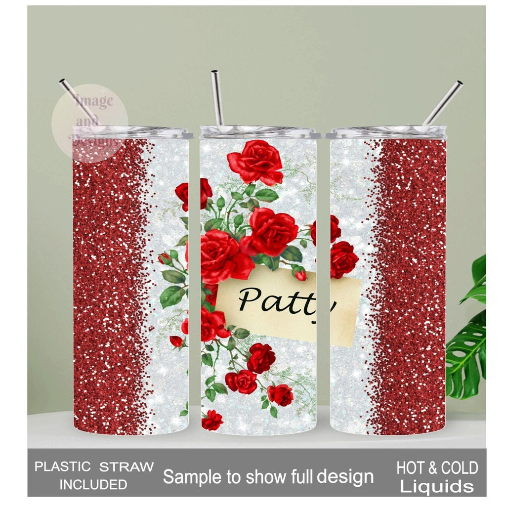Red Rose Tumbler 20oz With Reusable Straw, Can Be Personalized
