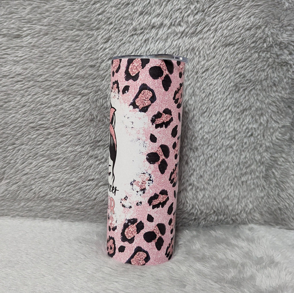 Breast Cancer Warrior Tumbler With Leopard Print and A Glitter Design 20oz With Reusable Straw, Can Be Personalized