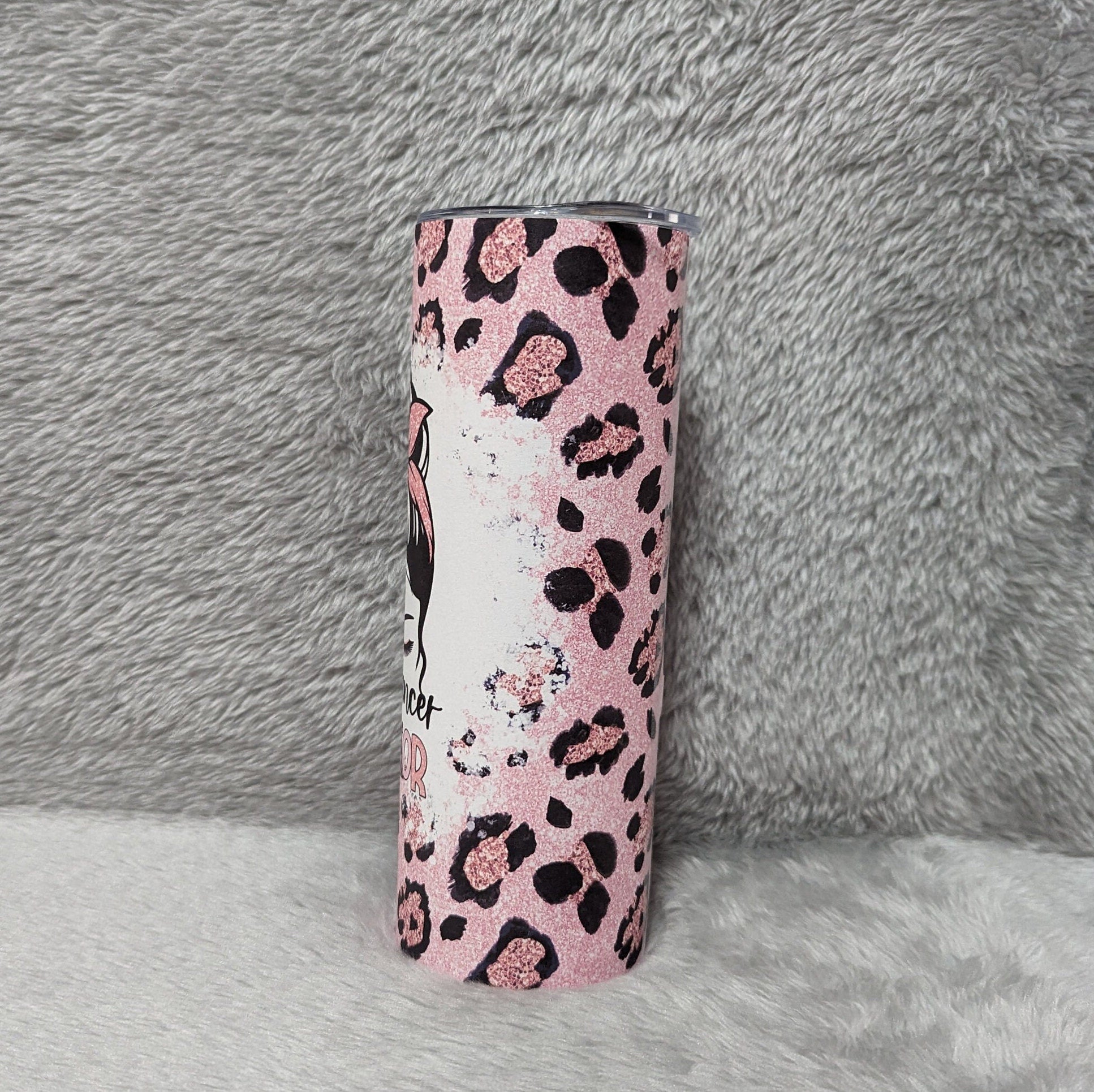 Breast Cancer Warrior Tumbler With Leopard Print and A Glitter Design 20oz With Reusable Straw, Can Be Personalized