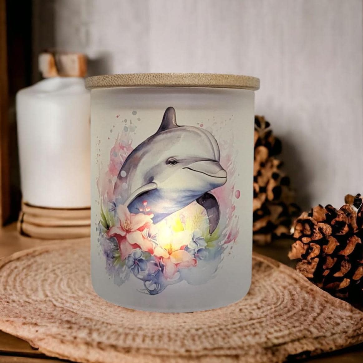 Floral dolphin Candle Holder With A Battery Operated Flickering Tea Light