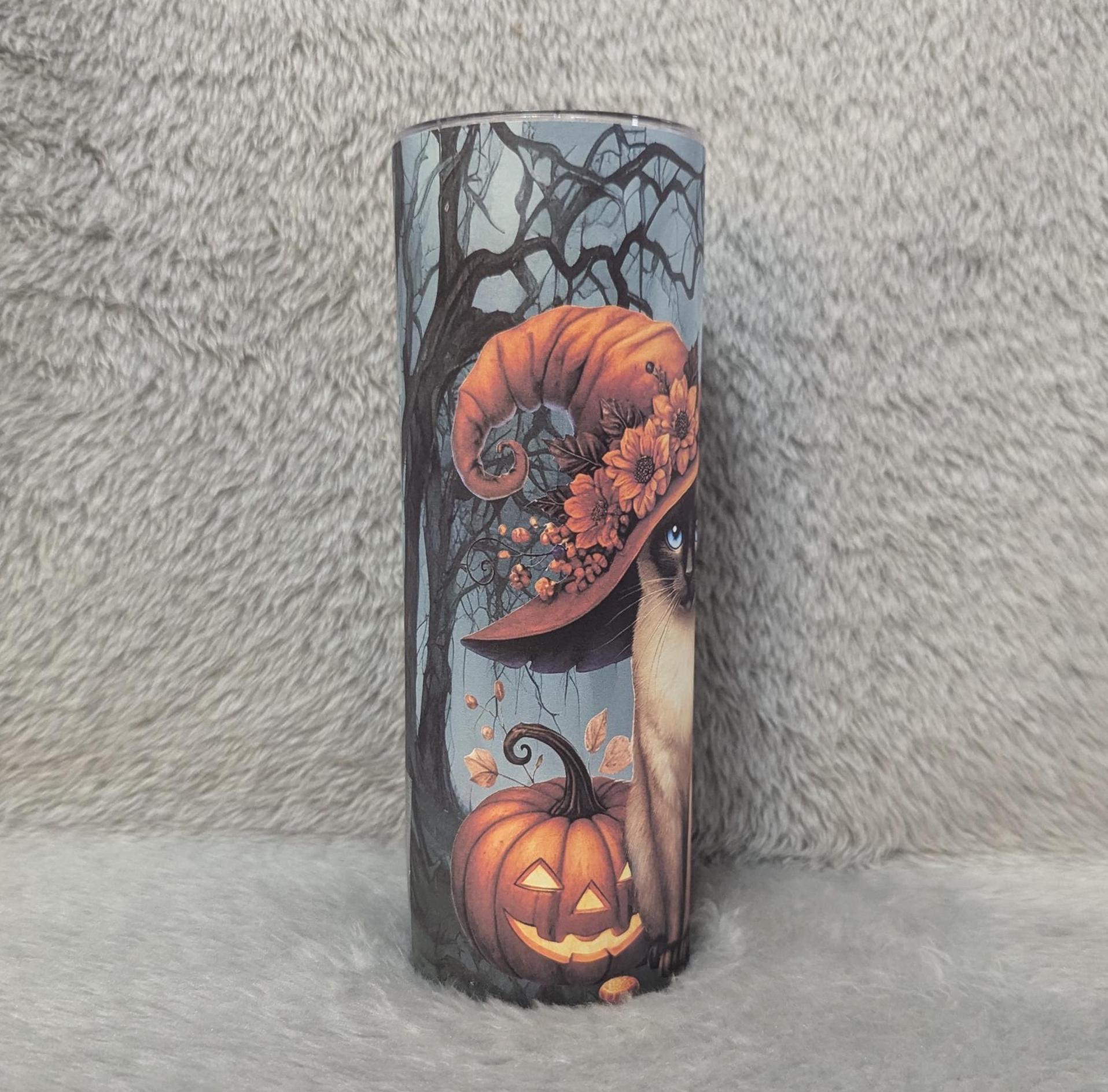 Happy Halloween Cat Tumbler 20oz With Reusable Straw, Can Be Personalized