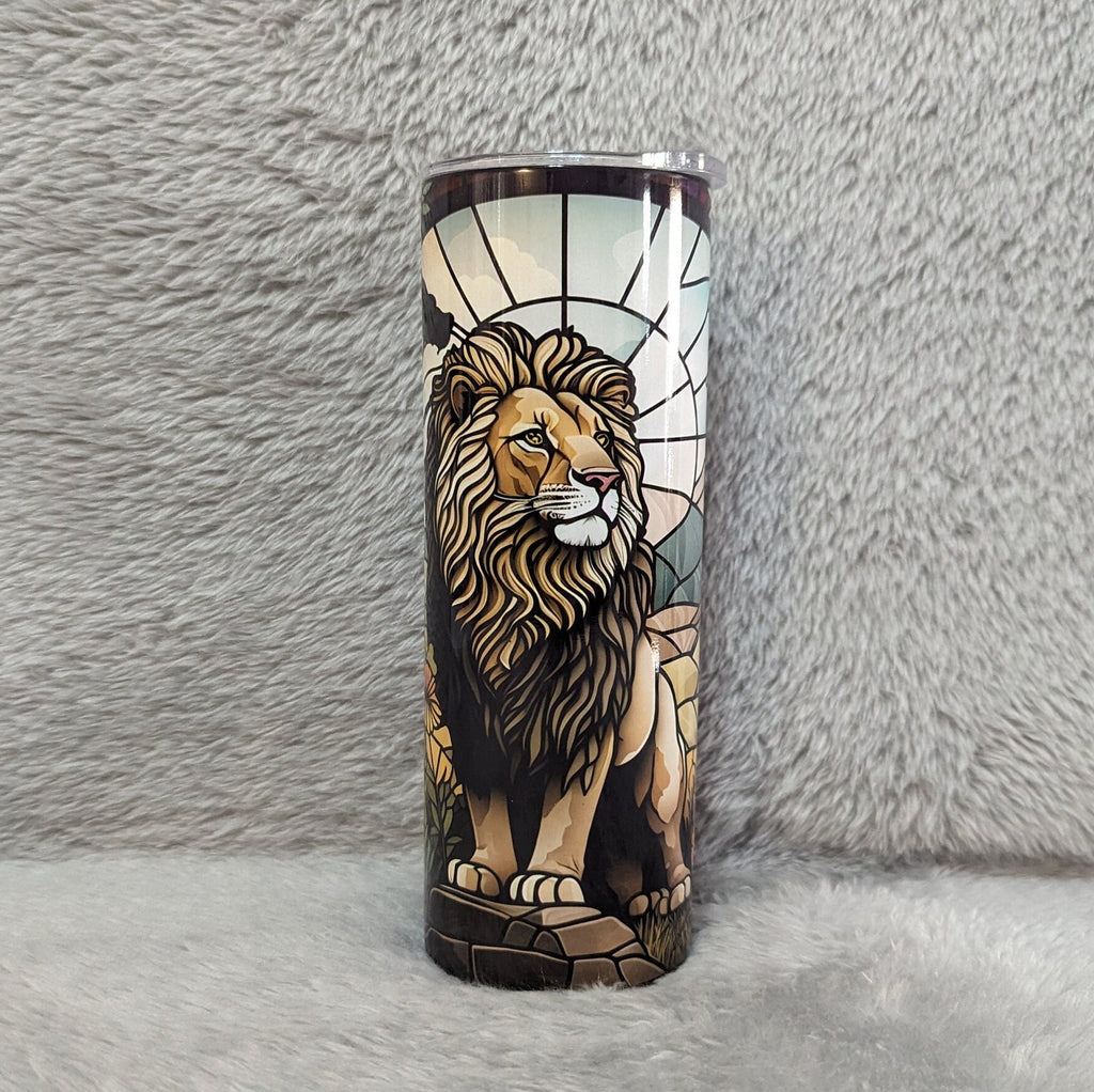 Lion Tumbler With A Stained Glass Design 20oz With Reusable Straw, Can Be Personalized