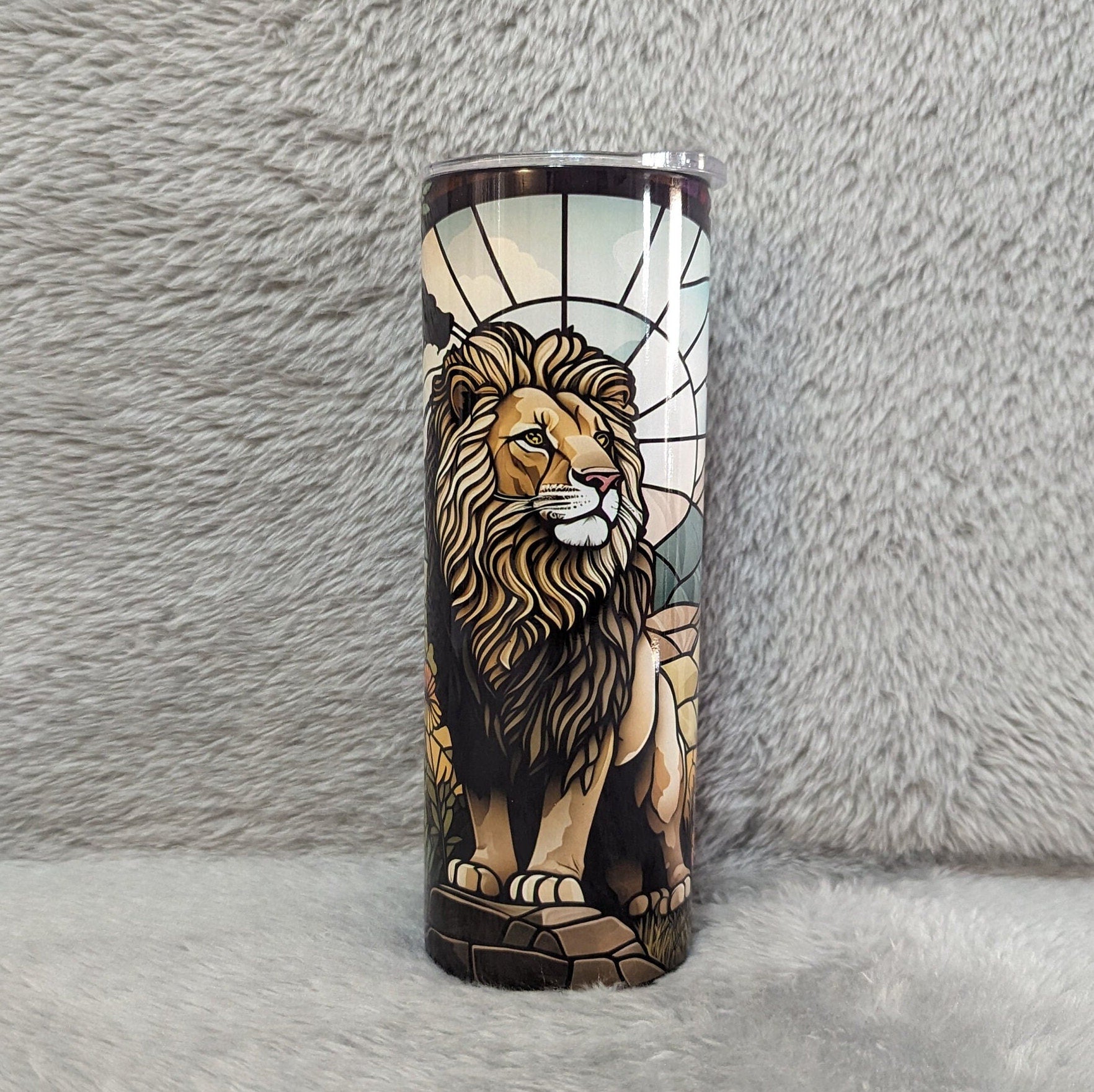 Lion Tumbler With A Stained Glass Design 20oz With Reusable Straw, Can Be Personalized