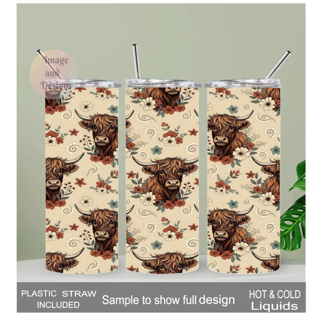 Boho Highland Cow Tumbler 20oz With Reusable Straw, Can Be Personalized