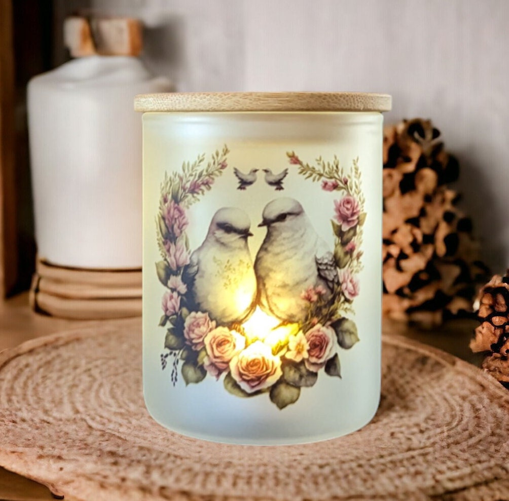 Dove Candle Holder With A Battery Operated Flickering Tea Light and Bamboo Lid