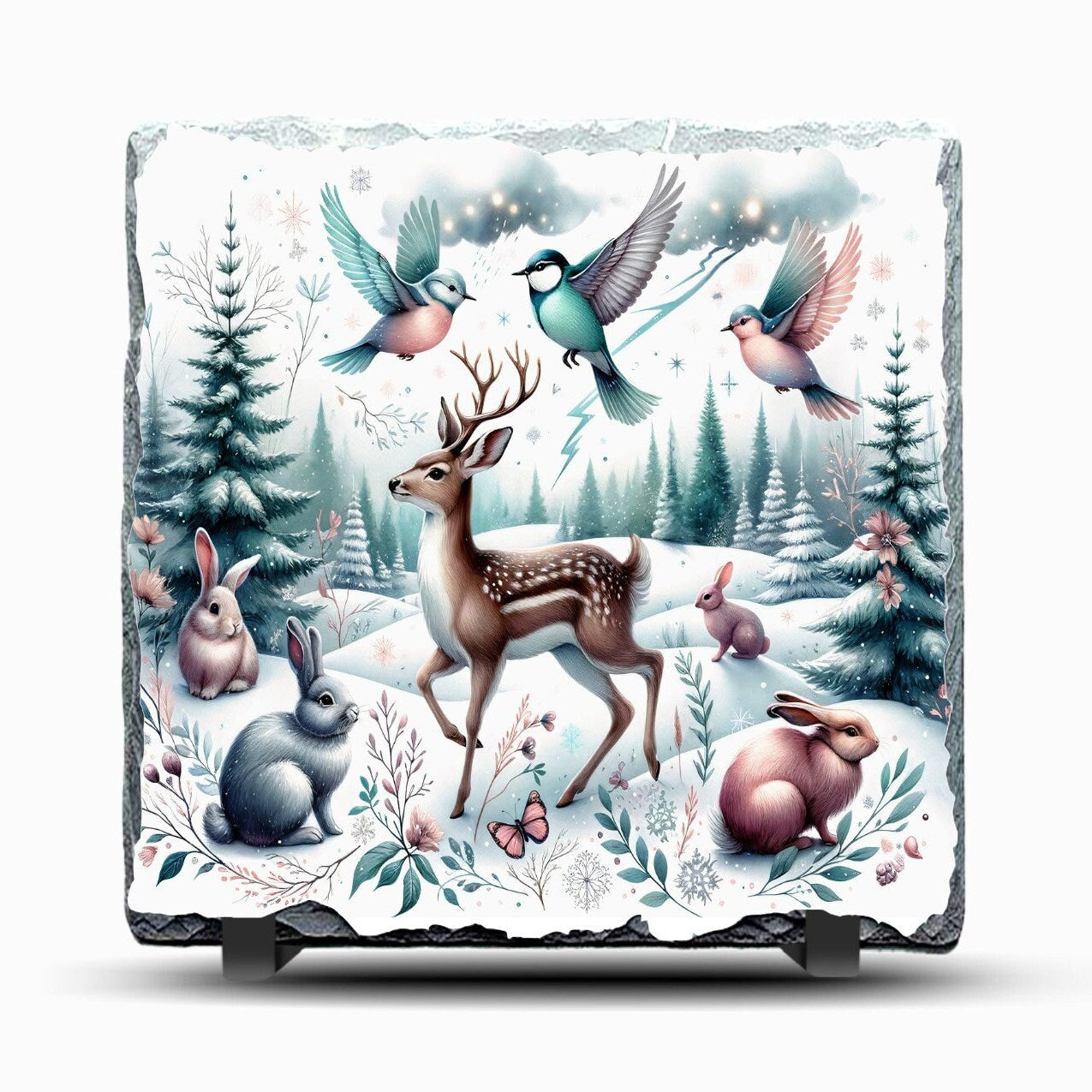 Slate Deer Picture With A buck and Other Wildlife Includes Display Legs
