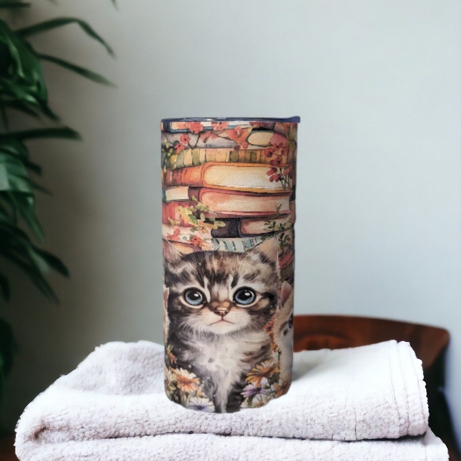 Kitten and Books Tumbler 15oz Tumber With Reusable Straw, Can Be Personalized