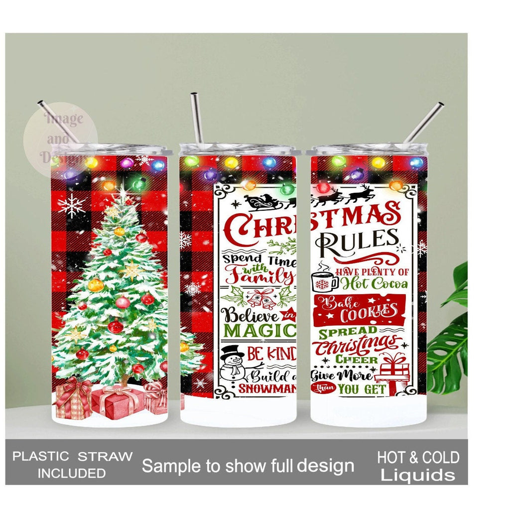 Festive Christmas Tree Tumbler with the Christmas Rules 20oz With Reusable Straw