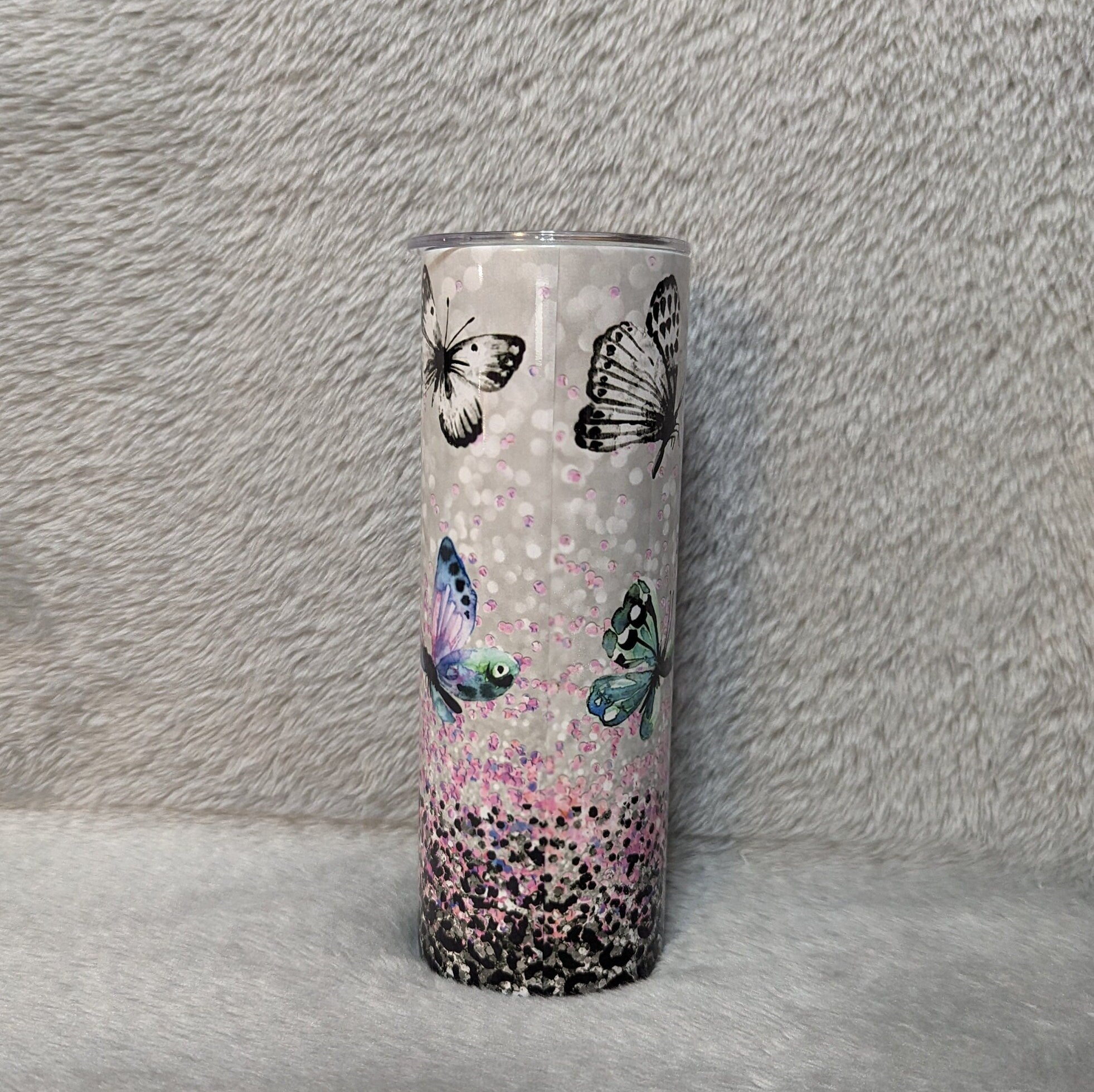 Pretty Butterfly Tumbler With A Glitter Design 20oz With Reusable Straw, Can Be Personalized