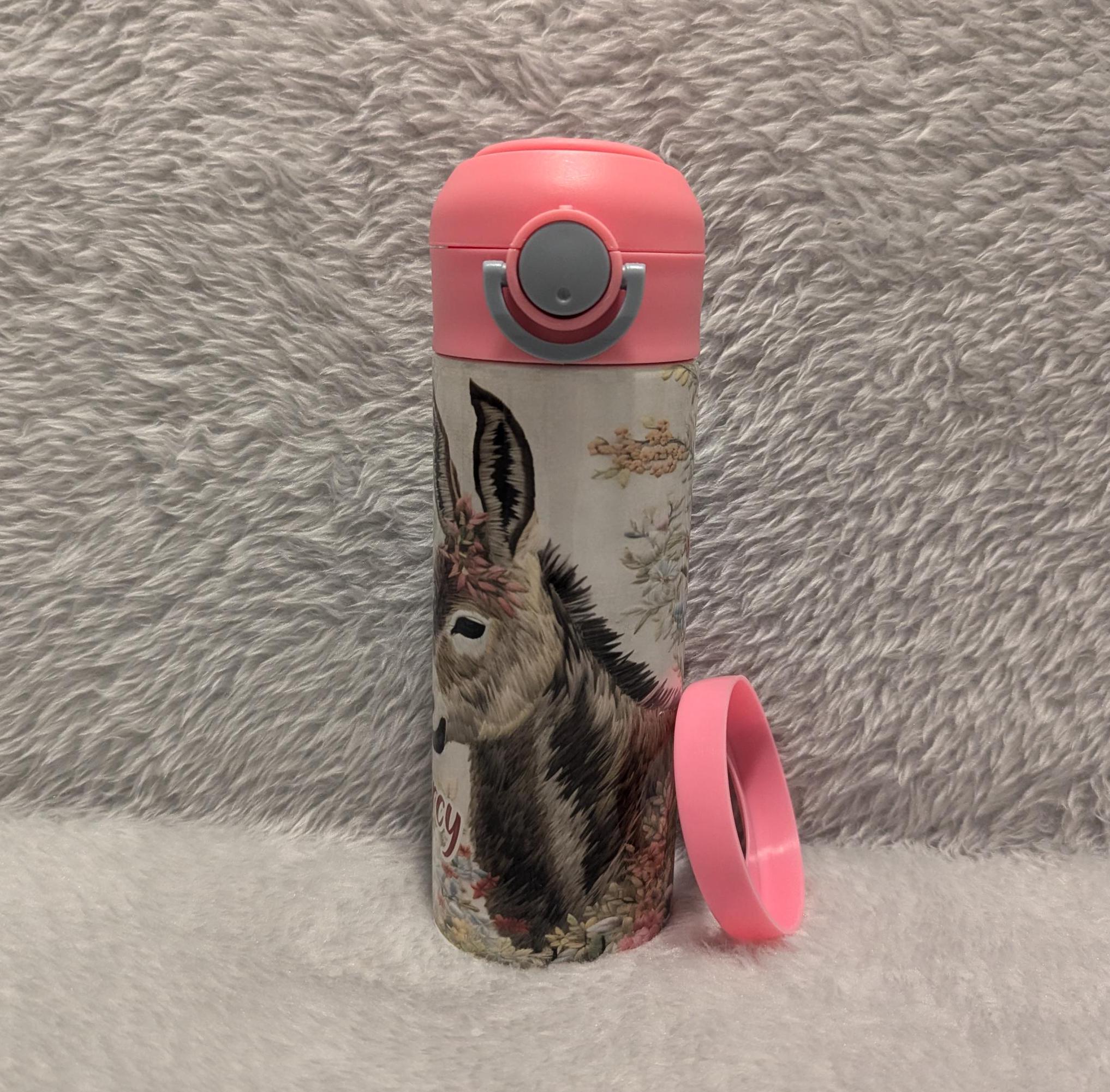 Kids Donkey Water Bottle 12oz With Reusable Straw Can Be Personalized