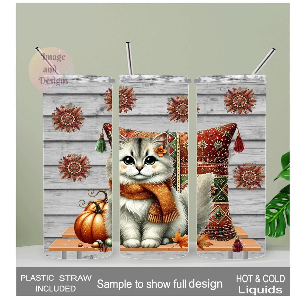 Boho Cat Tumbler 20oz With Reusable Straw, Can Be Personalized