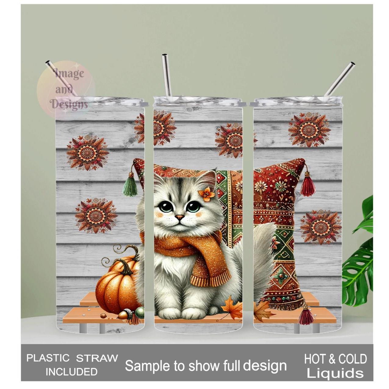 Boho Cat Tumbler 20oz With Reusable Straw, Can Be Personalized
