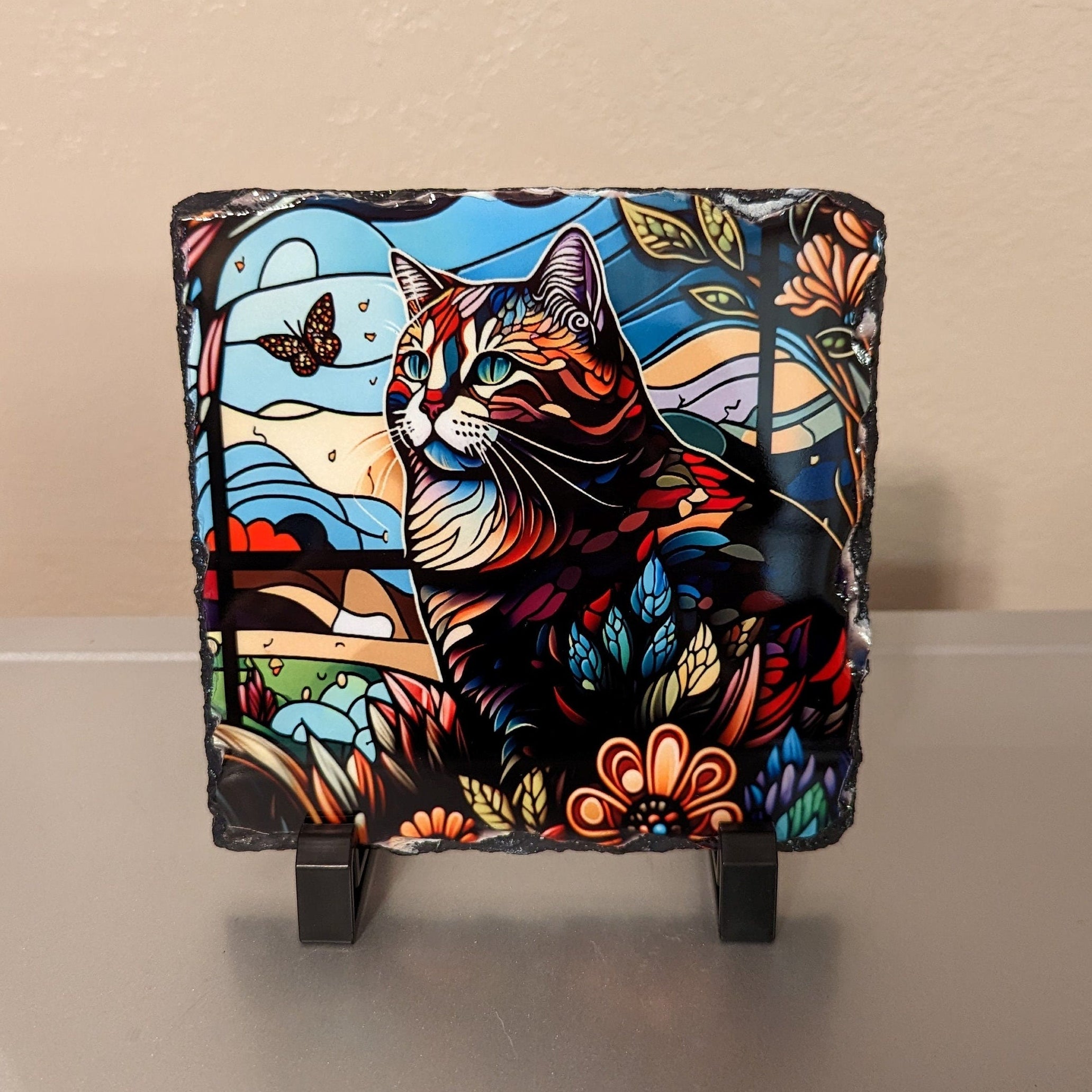 Stained Glass Design Slate Cat Picture With Display Legs