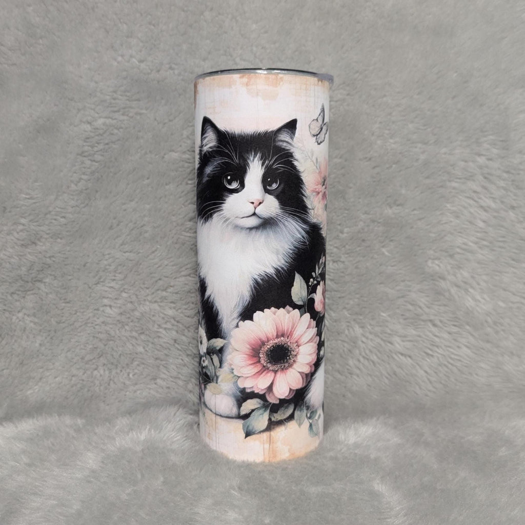 Black and White Tuxedo Cat Tumbler 20oz With Reusable Straw Can Be Personalized