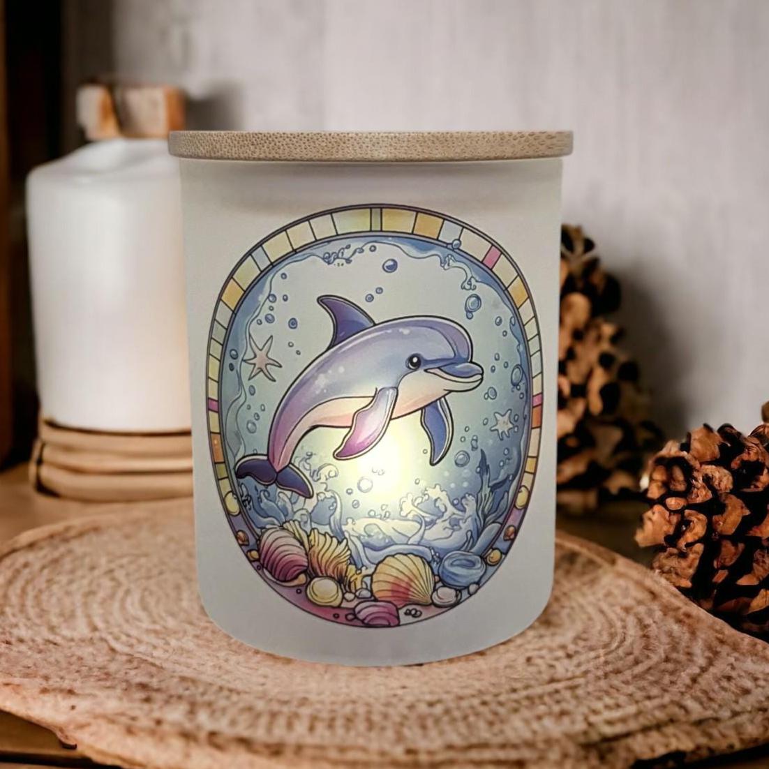 Dolphin With A Stained Glass Design Candle Holder - Includes A Battery Operated Flickering Tea Light