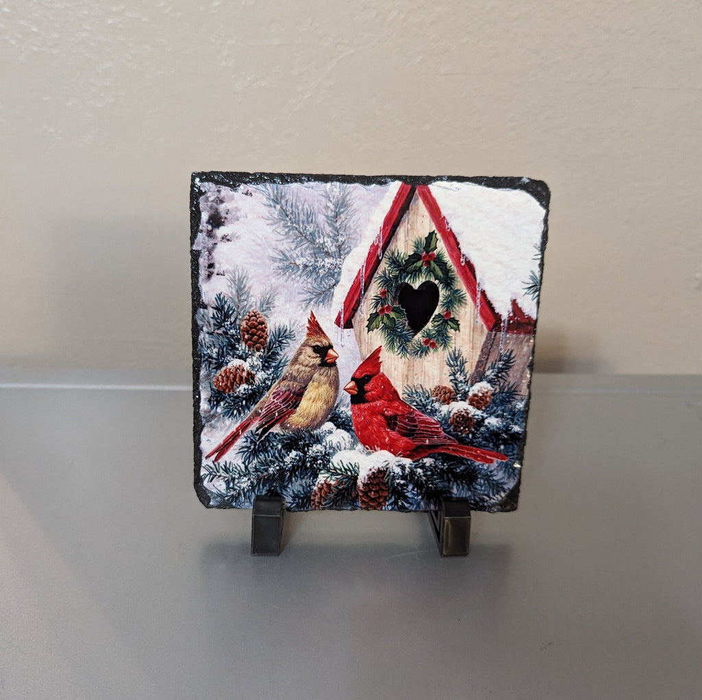 Slate Cardinal Picture With Cardinals In The Snow, Includes Display Legs