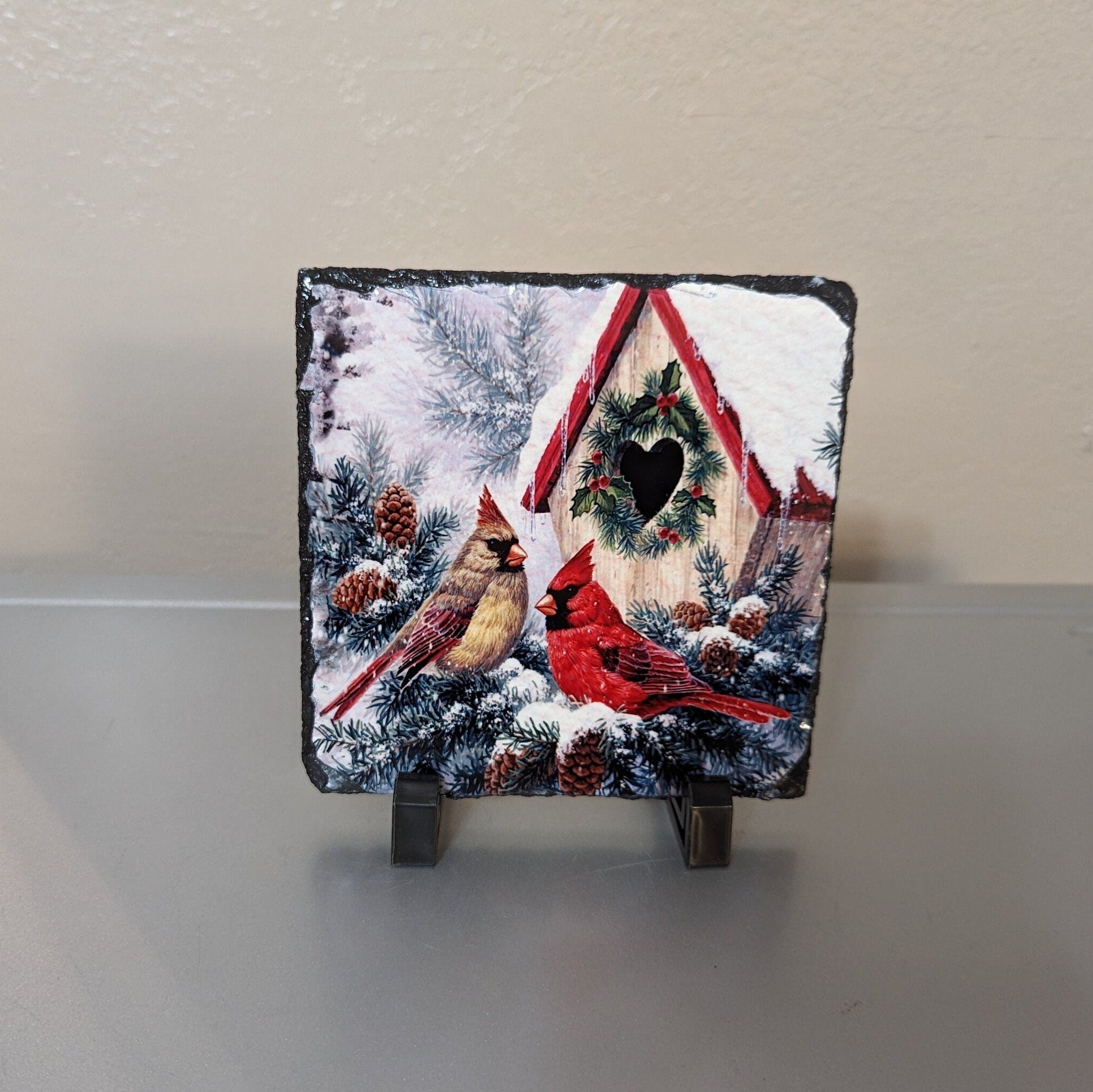 Slate Cardinal Picture With Cardinals In The Snow, Includes Display Legs