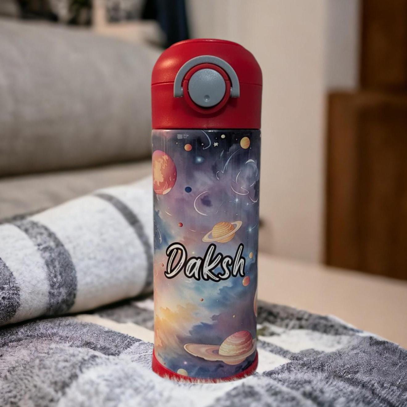 Kids Space Water Bottle With A Planet Design 12oz With Reusable Straw Can Be Personalized