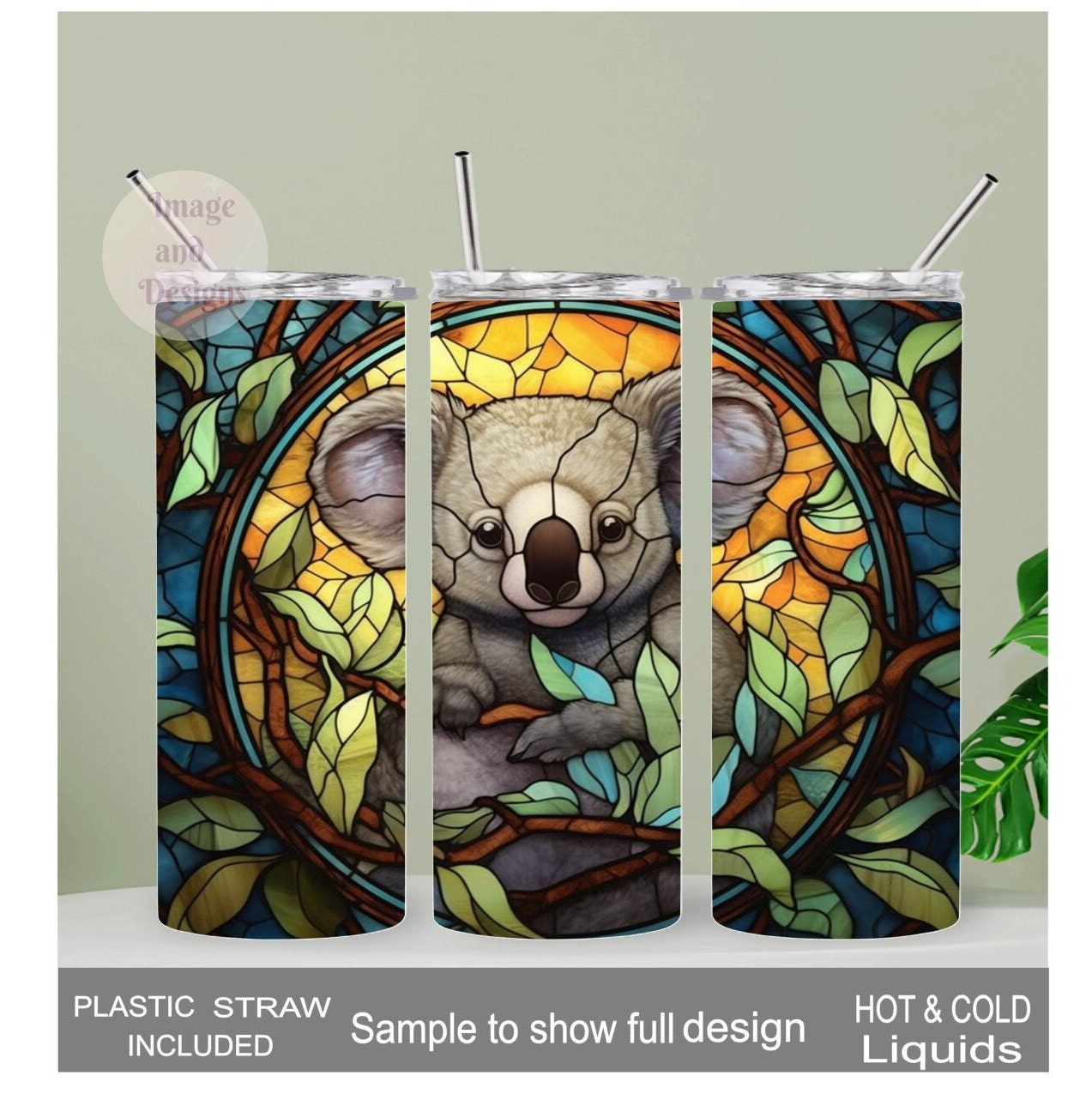 Koala Bear Tumbler With A Stained Glass Design 20oz With Reusable Straw, Can Be Personalized