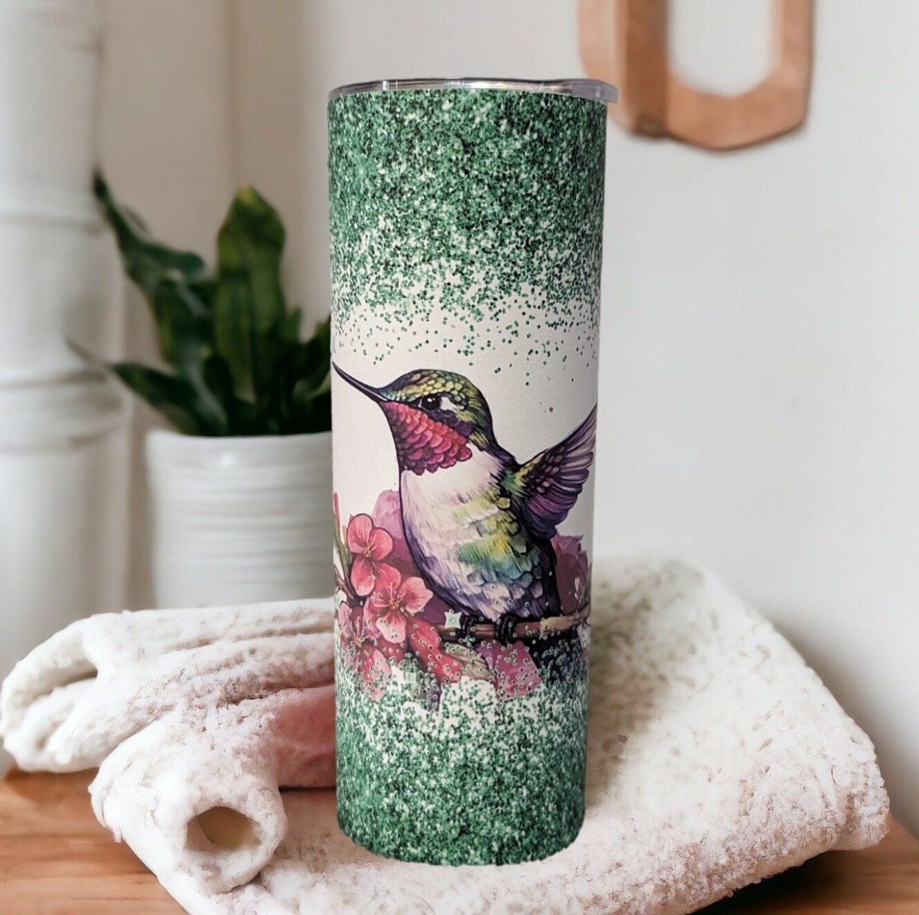 Hummingbird Tumbler with A Green Glitter Design 20oz With Reusable Straw, Can Be Personalized