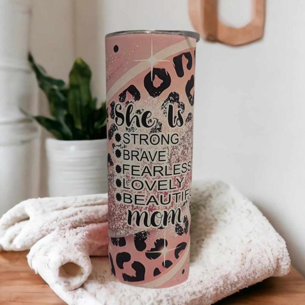 Mom Inspirational Tumbler With A Pretty Leopard Print and Glitter Design  20oz With Reusable Straw