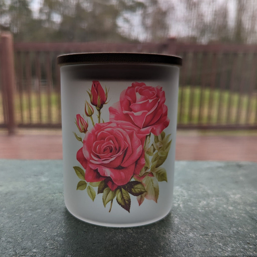 Romantic Red Rose Candle Holder with Bamboo Lid and Flickering Tea Light