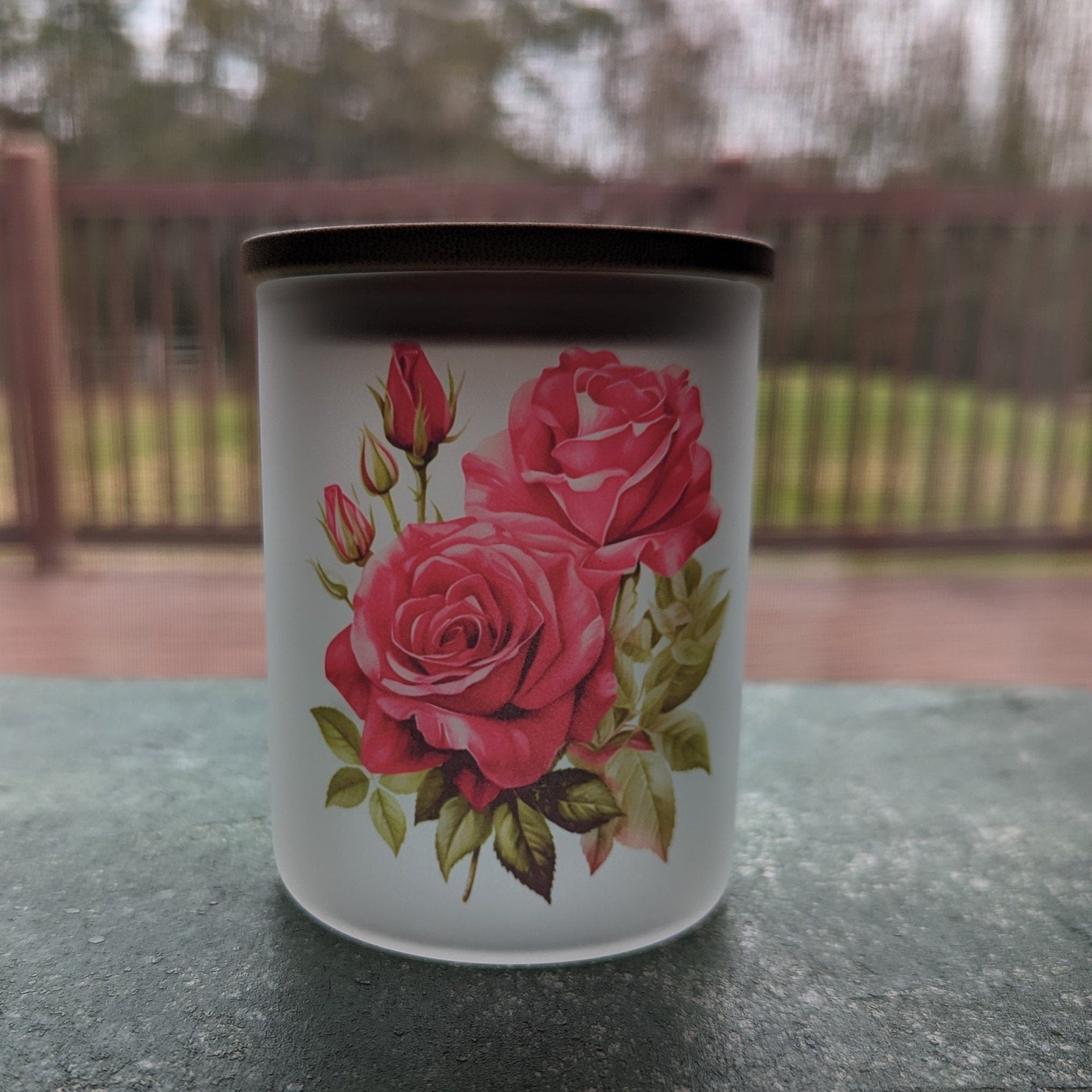 Romantic Red Rose Candle Holder with Bamboo Lid and Flickering Tea Light
