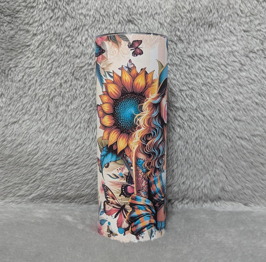 Bubble Gum Girl With Sunflowers 20oz With Reusable Straw, Can Be Personalized